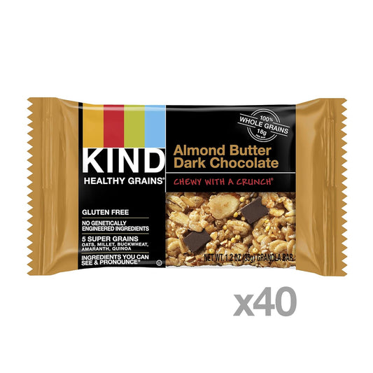 Kind Healthy Grains Almond Butter Dark Chocolate Bars, Gluten Free Bars, 1.2 Oz Bars (40 Count)