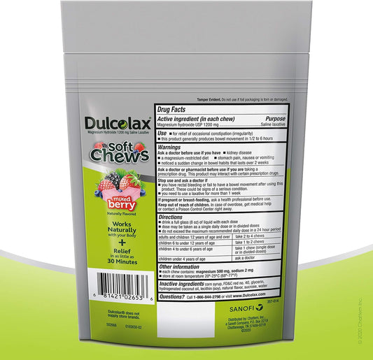 Dulcolax Soft Chews Saline Laxative Mixed Berry (60ct) Gentle Constipation Relief, Magnesium Hydroxide 1200mg