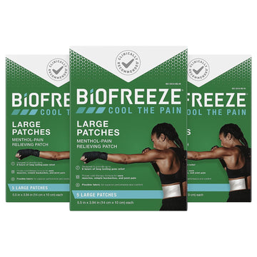 Biofreeze Pain Relief Patches, Arthritis Pain Reliver, Knee & Lower Back Pain Relief Patch, Sore Muscle Relief, Neck Pain Relief, FSA Eligible, 3 Pack (5 Biofreeze Menthol Patches)