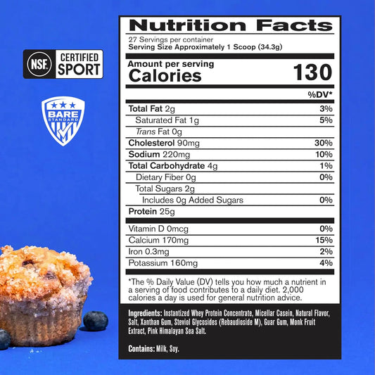 Bare Performance Nutrition, Bpn Whey Protein + Casein Protein Powder Blend, Blueberry Muffin, 25G Protein Per Serving Supports Lean Muscle Recovery, 27 Servings, Third Party Tested
