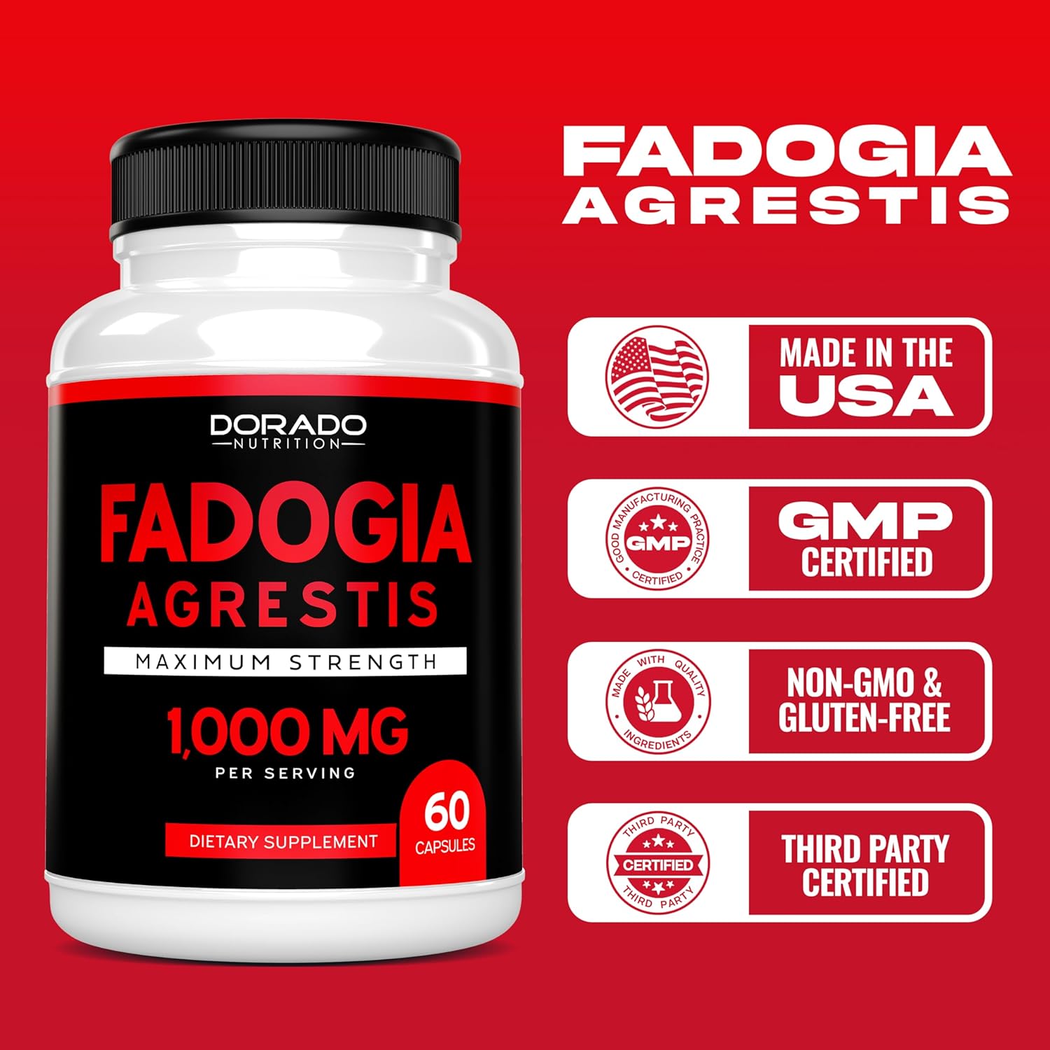 Fadogia Agrestis Extract 1000Mg Per Serving - [Maximum Strength] - Strength, Drive, Athletic Performance, Muscle Mass - Third Party Tested - Zero Fillers - Gluten Free, Non-Gmo, Vegan Capsules : Health & Household