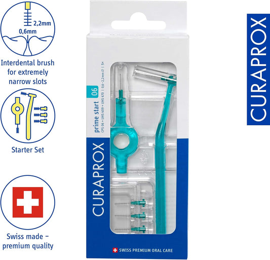 Curaprox Cps 06 Prime Start Interdental Brush Kit, Turquoise - 5 X 0.6Mm - 2.2Mm Interdental Brushes + 2 Interdental Toothbrush Holders
