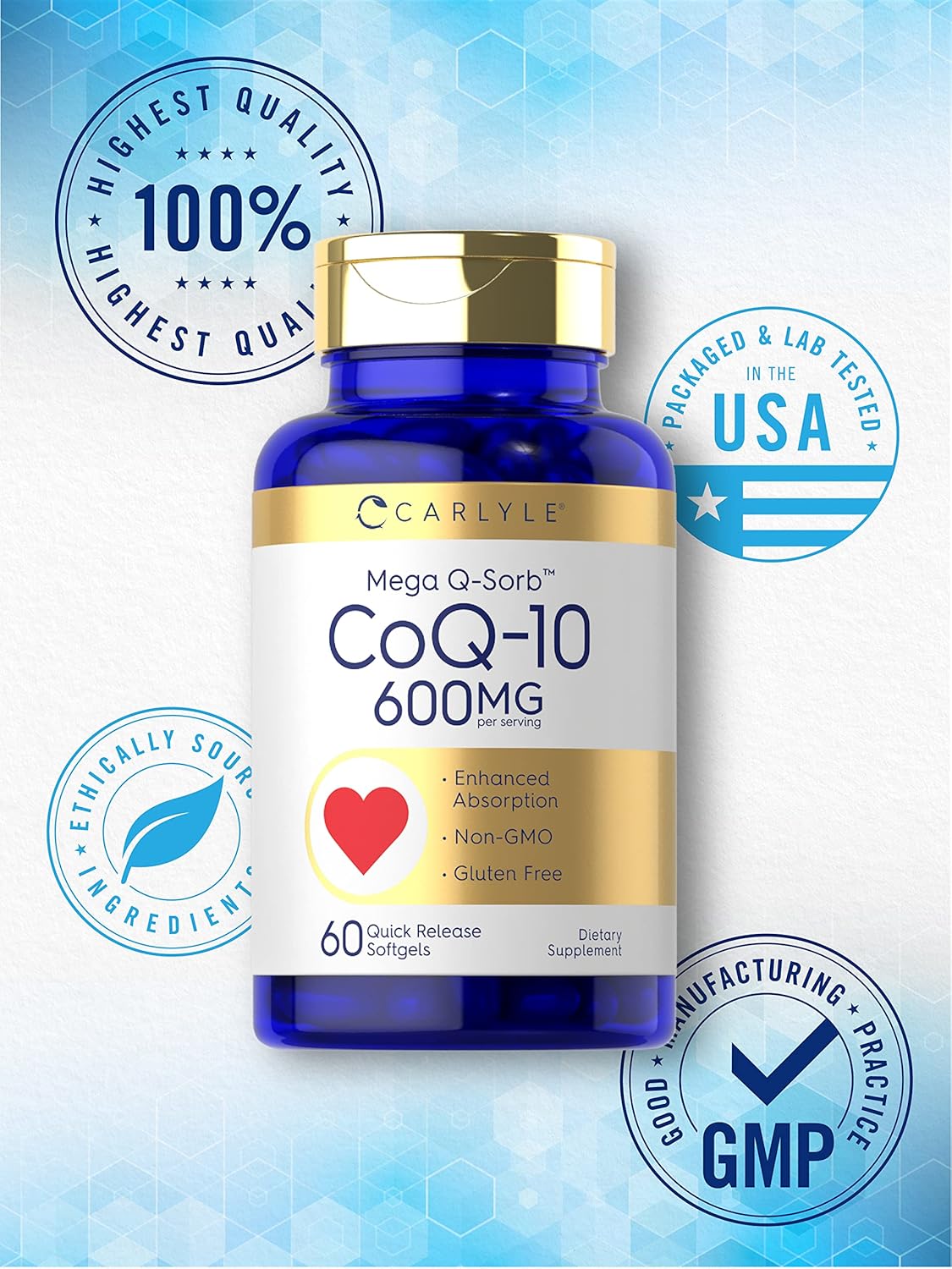 Carlyle CoQ10 600 mg | 60 Softgels | Mega Q-Sorb Coenzyme Q-10 | with Black Pepper Extract | Non-GMO, Gluten Free : Health & Household