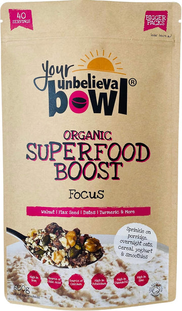 Your Unbelievabowl - Organic Superfood Boost (Focus) 600G, 40 Servings, 45P Per Serving, Gluten Free, Chia Seeds, Hemp Seeds, Dates, Walnuts, Pumpkin Seeds, Cacao, Flaxseed, Turmeric