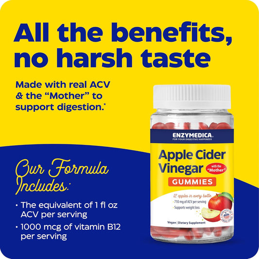 Enzymedica, Apple Cider Vinegar Gummies, Made With The Mother, 12 Organic, Usa-Grown Apples Per Bottle,[C][D] 1000 Mcg Vitamin B12 Per Serving, Natural Apple, 74 Count