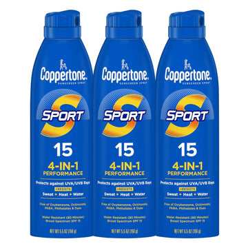 Coppertone Sport Sunscreen Spray, Broad Spectrum SPF 15 Water Resistant Spray Sunscreen, 5.5 Oz, Pack of 3