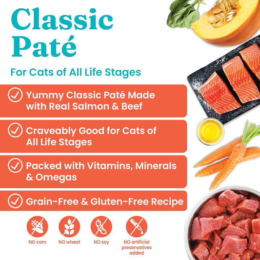 Solid Gold Wet Cat Food Pate - Canned Cat Food Made W/Real Salmon & Beef For Indoor Cats Of All Ages - Flavorful Feast Grain Free Cat Wet Food For Sensitive Stomach & Healthy Living - 24Ct/3Oz Can