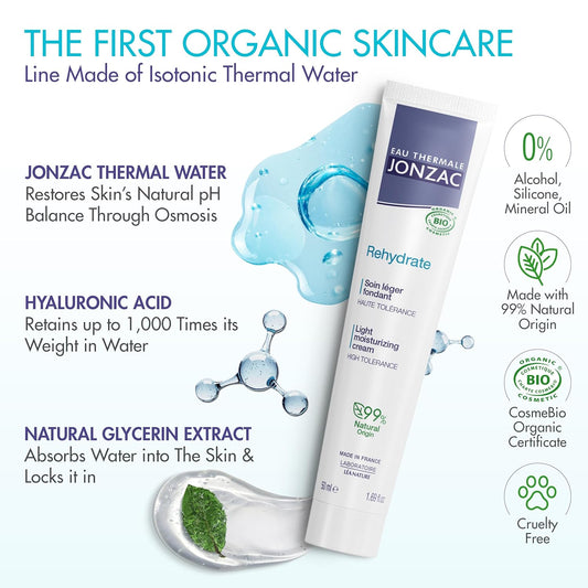 Rehydrate Organic Light Moisturzing Cream For Daily Use - Facial Cream Providing 24Hr Hydration With Pure Hyaluronic Acid - Sensitive Skin Approved - 1.69 Fl Oz