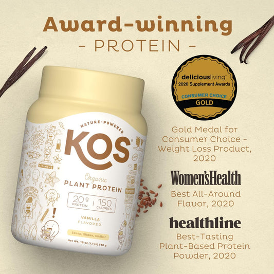 Kos Vegan Protein Powder Erythritol Free, Vanilla - Usda Organic Pea Protein Blend, Plant Based Superfood Rich In Vitamins & Minerals - Keto, Dairy Free - Meal Replacement For Women & Men, 15 Servings