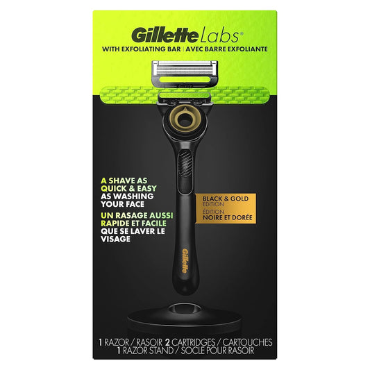 Gillette Labs Mens Razor With Exfoliating Bar, Shaving Kit For Men, Includes 1 Handle, 2 Razor Blade Refills, 1 Premium Magnetic Stand, Black And Gold, Razor For Men