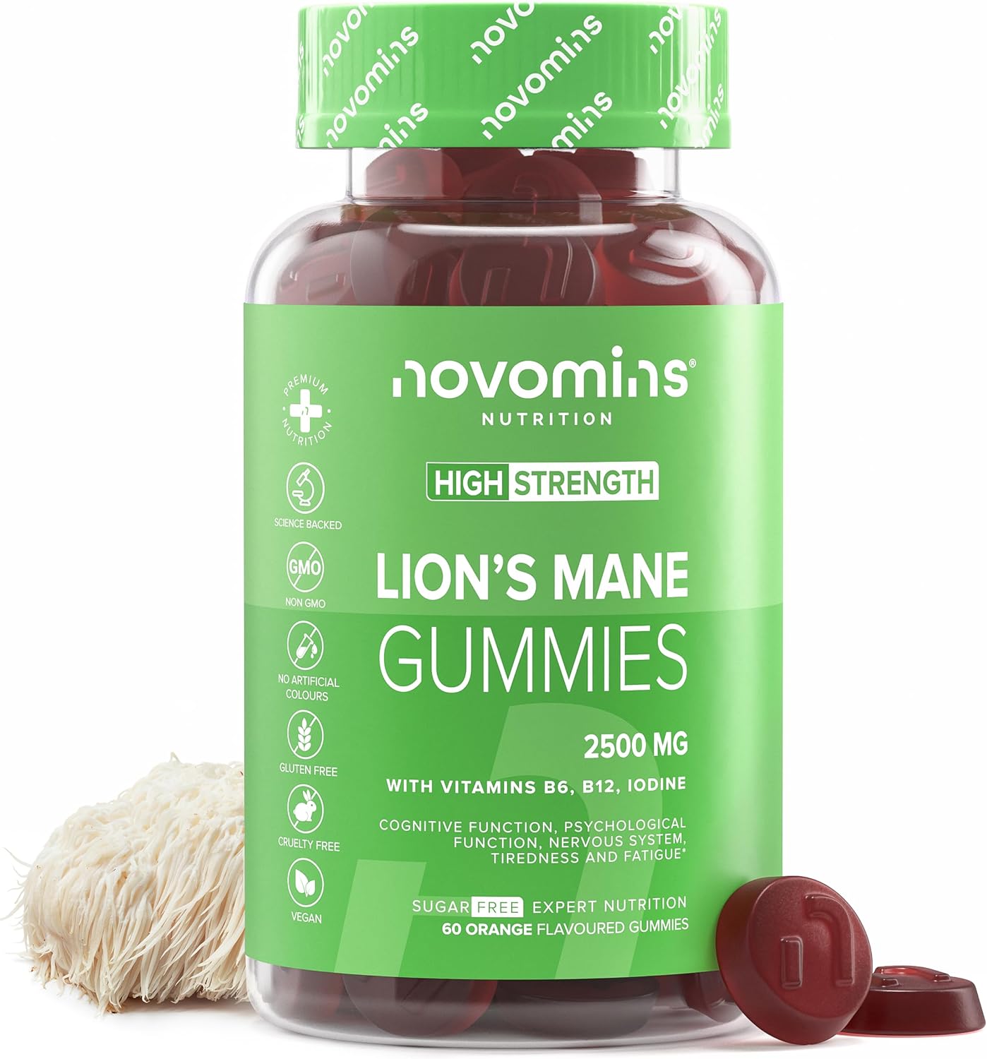 Lions Mane Supplement Gummies - Added Vitamin B6, B12 For Mental Performance - High-Strength Alternative To Lions Mane Powder - Lion'S Mane Mushroom Gummies - Lions Mane Gummies For Adults - Novomins
