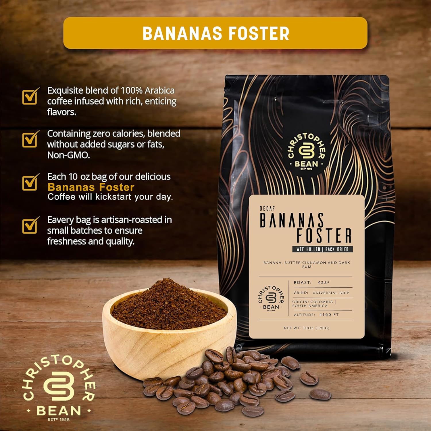 Christopher Bean Coffee - Decaf Ground Universal Drip Bananas Foster Flavored Coffee | Coffee Beans With Medium Roast 100% Arabica, No Sugar, No Fats, Non-Gmo | 10-Ounce Bag