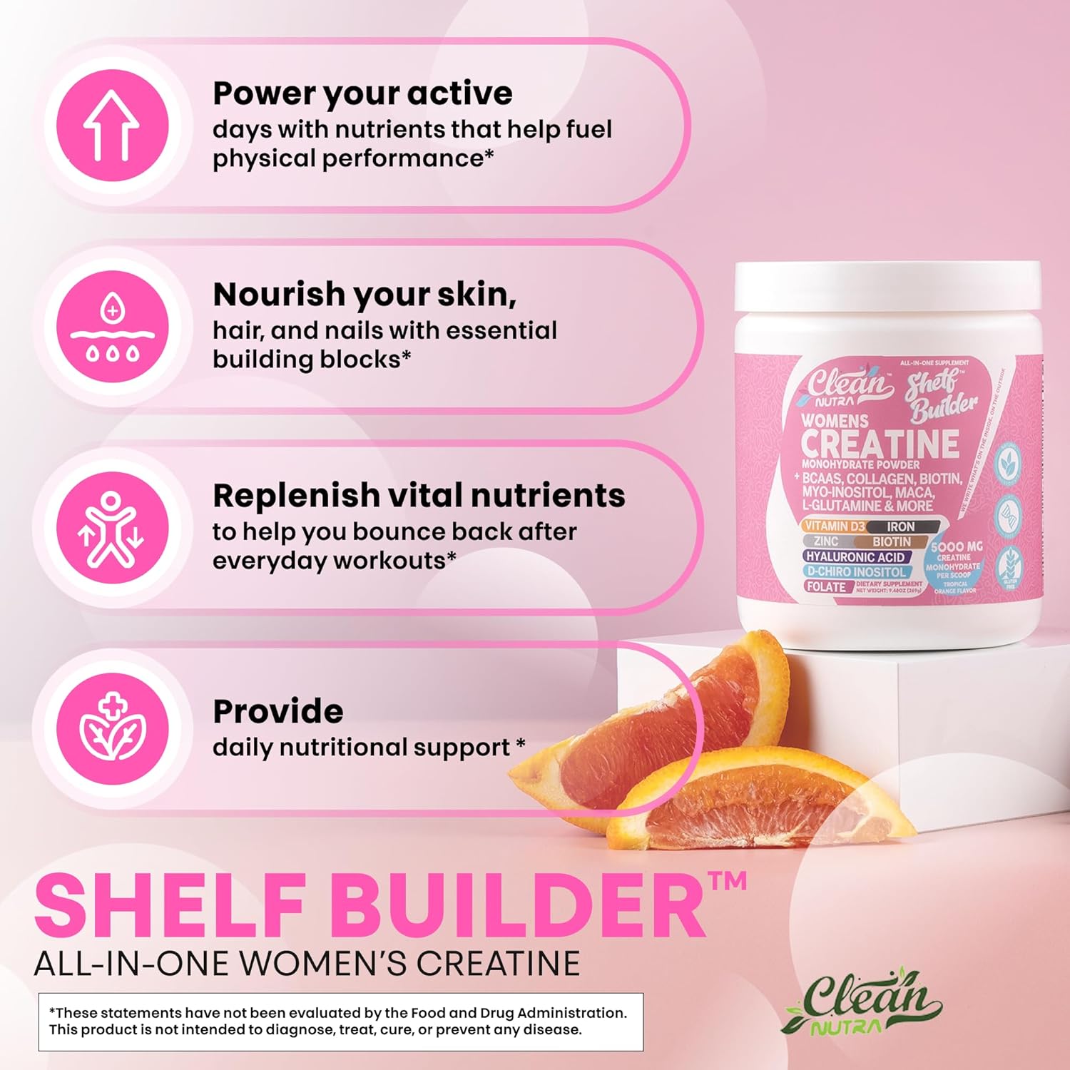 Creatine For Women | Creatine Monohydrate + Bcaa Powder Myo-Inositol Collagen Biotin Hyaluronic Acid Folate L Glutamine Vitamin D3 Iron Zinc D-Chiro-Maca Digestion Shelf Builder By Clean Nutra : Health & Household