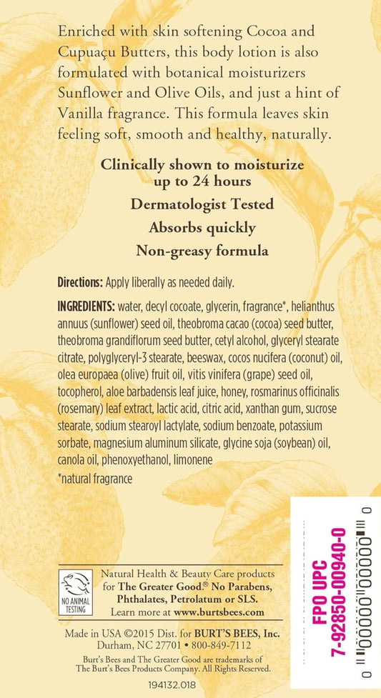 Burt’S Bees Butter Body Lotion For Dry Skin With Cocoa & Cupuaçu, 6 Oz (Package May Vary)