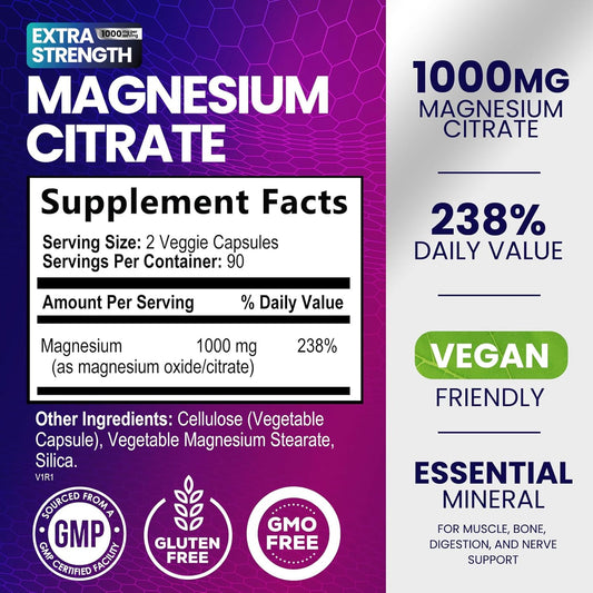 Magnesium Citrate Supplement 1000 Mg Chelated For Best Absorption, Supports Bone, Heart Health, Nerves, Muscles, Metabolism & Calm, Nature'S Pure Magnesio Vitamin Pills, Bottled In Usa - 180 Capsules