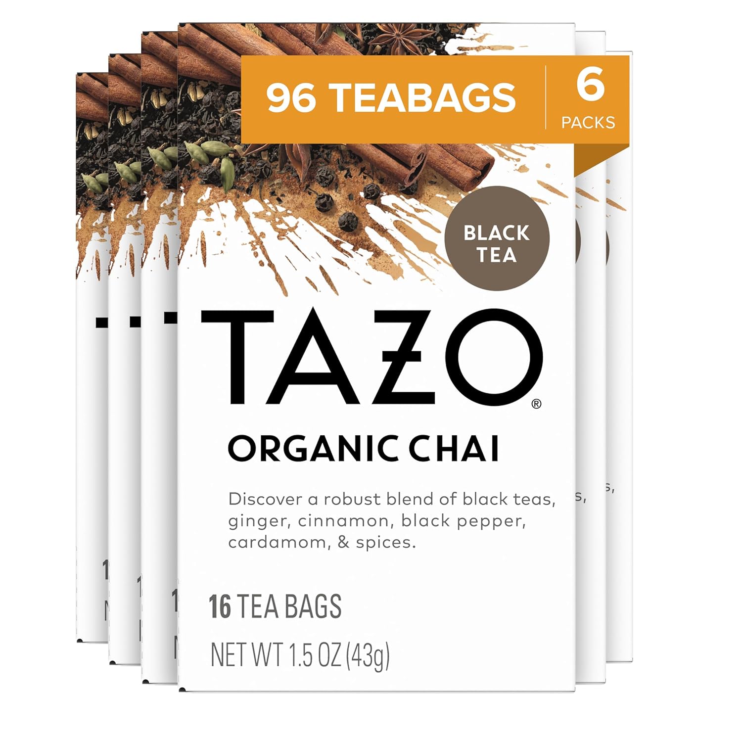 Tazo Tea Bags, Black Tea, Regenerative Organic Chai Tea, 16 Count (Pack Of 6)