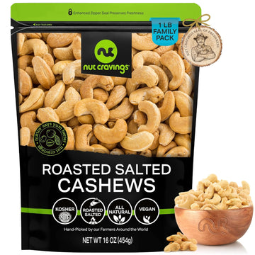 Nut Cravings - Roasted Cashews Slightly Salted - Jumbo, Whole (16Oz - 1 Lb) Packed Fresh In Resealable Bag - Nut Snack - Healthy Protein Food, All Natural, Keto Friendly, Vegan, Kosher