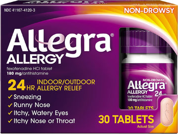 Allegra Adult 24Hr Non-Drowsy Antihistamine, 30 Tablets, Fast-Acting Allergy Symptom Relief, 180 Mg