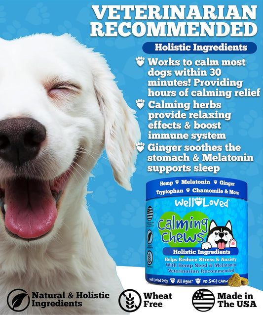 Calming Chews for Dogs - Dog Calming Treats, Made in USA, Vet Developed, Dog Anxiety Relief, Separation, Fireworks, Travel & Stress Support, Melatonin, Natural & Holistic, 90 Calming Treats
