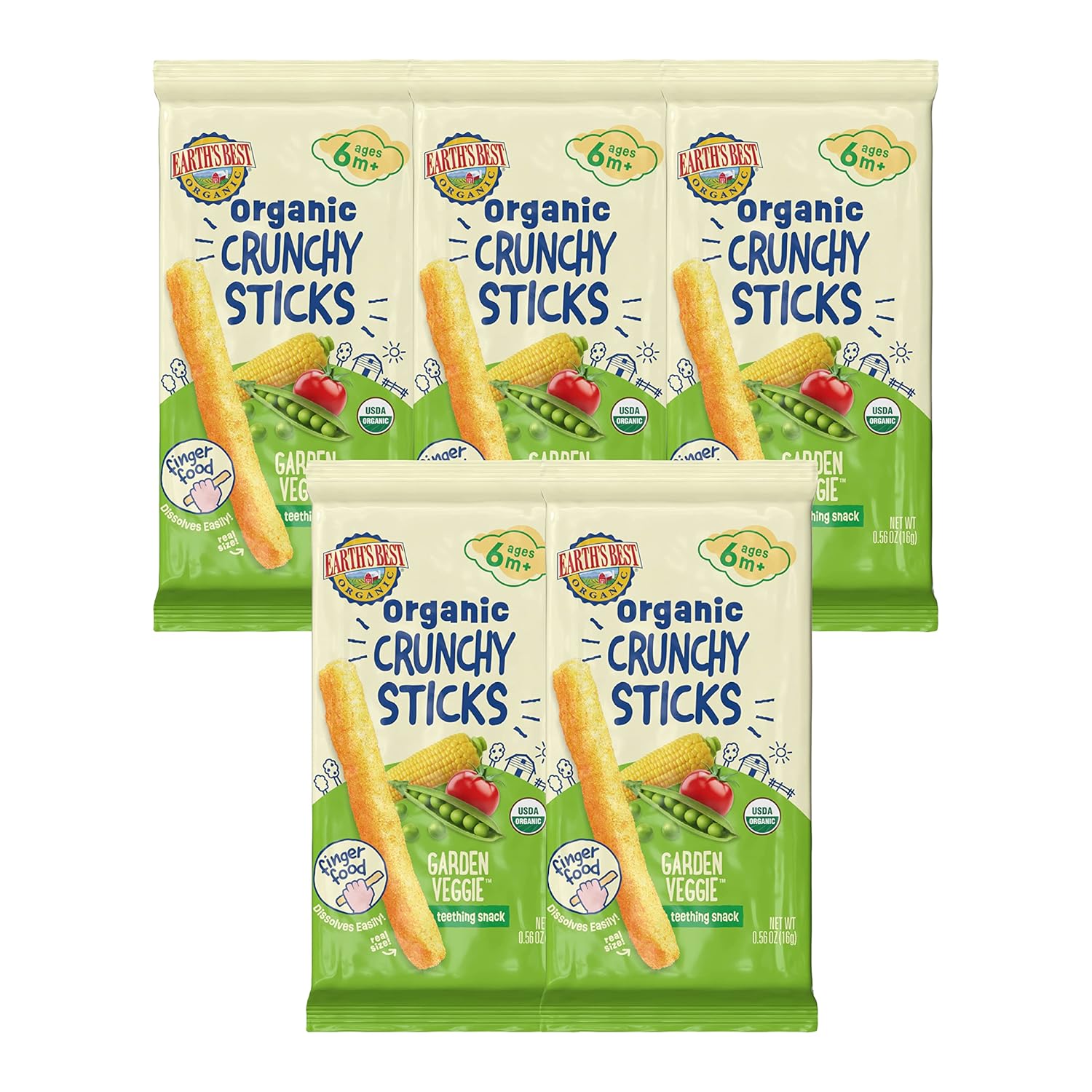 Earth'S Best Organic Baby Food, Dissolvable Teething Snack For Babies 6 Months And Older, Garden Veggie Crunchy Sticks, .56 Oz Pack (Pack Of 5)