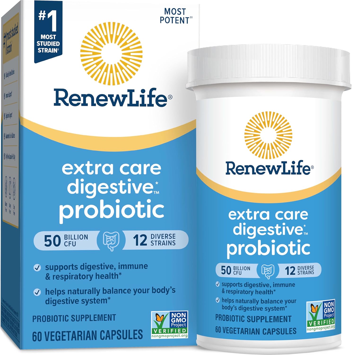 Renew Life Extra Care Digestive Probiotic Capsules, 50 Billion Cfu Guaranteed, Daily Supplement Supports Immune, Digestive, Respiratory Health(1), L. Rhamnosus Gg, Dairy, Soy And Gluten-Free, 60 Count