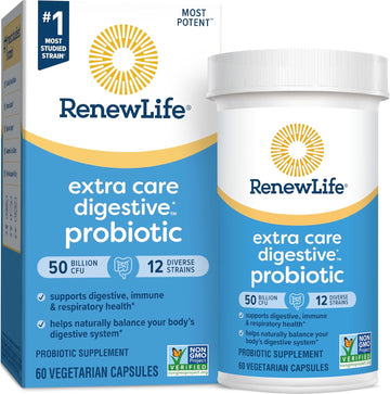 Renew Life Extra Care Digestive Probiotic Capsules, 50 Billion Cfu Guaranteed, Daily Supplement Supports Immune, Digestive, Respiratory Health(1), L. Rhamnosus Gg, Dairy, Soy And Gluten-Free, 60 Count