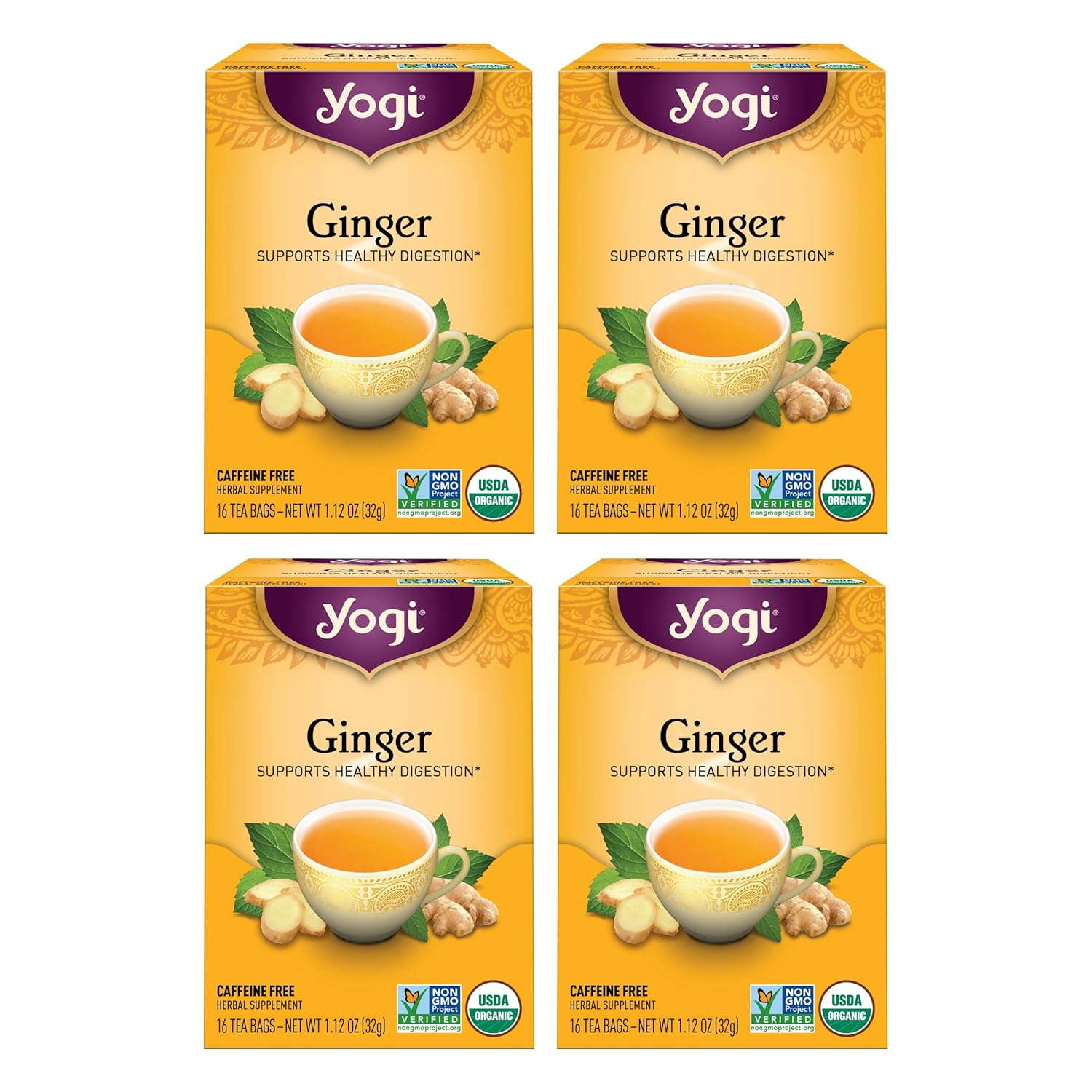 Yogi Tea Ginger Tea - 16 Tea Bags Per Pack (4 Packs) - Organic Ginger Tea Bags - Digestive Support Tea - Includes Ginger Root, Lemongrass, Licorice Root, Peppermint Leaf & Black Pepper