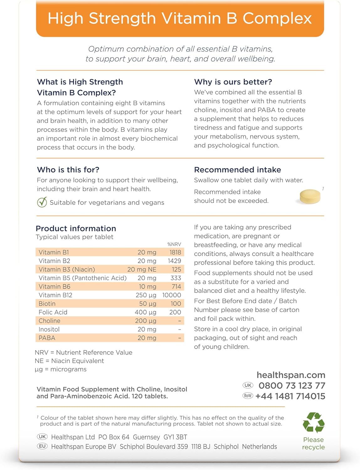 Healthspan High Strength Vitamin B Complex (120 Tablets) | High Levels of All 8 B-Complex Vitamins | Supports Brain & Heart Health | Immune Health | Reduces Tiredness & Fatigue | with Choline | Vegan : Amazon.co.uk: Health & Personal Care