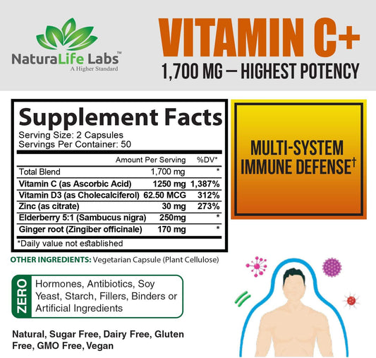 Vitamin C 1,700 MG with Vitamin D3, Zinc, Elderberry, Ginger Root - Maximum Strength Multi System Immune Support- 100 Veggie Capsules
