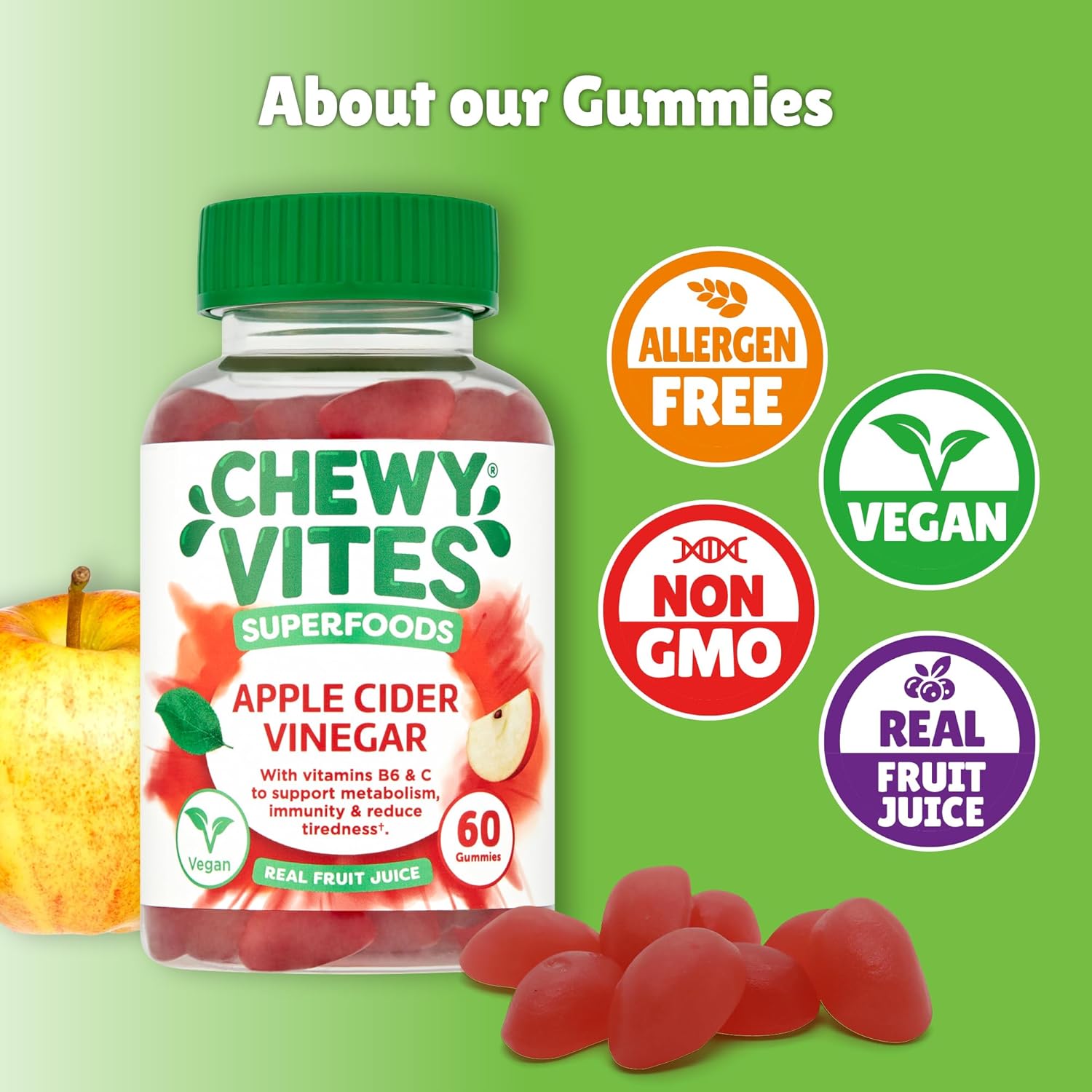 Chewy Vites Superfoods Apple Cider Vinegar Gummies, 60 Vitamin Gummies, 500 mg Apple Cider Vinegar, Vitamin C, Real Fruit Juice, 1 Month Supply, Vegan, Delicious Flavour : Amazon.co.uk: Health & Personal Care