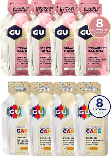 Gu Energy Original Sports Nutrition Variety Pack: 8 Strawberry Banana + 8 Birthday Cake (16 Packets Total)