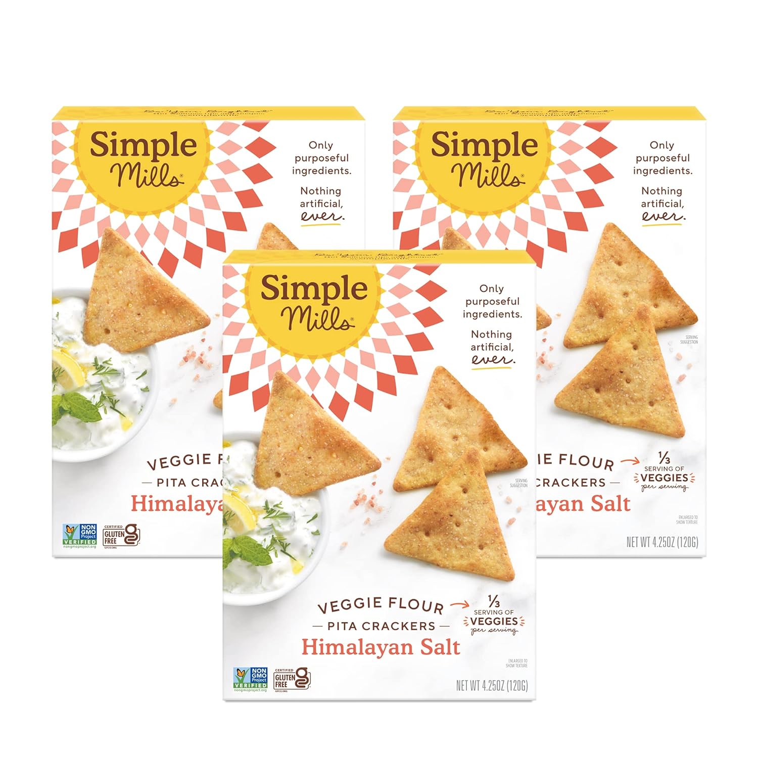 Simple Mills Veggie Pita Crackers, Himalayan Salt - Gluten Free, Vegan, Healthy Snacks, Paleo Friendly, 4.25 Ounce (Pack Of 3)