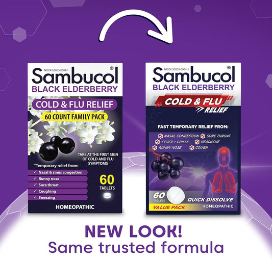Sambucol Cold And Flu Relief Tablets - Homeopathic Cold Medicine, Cold Remedy For Adults, Black Elderberry For Colds, Zinc Cold Remedy - 60 Count