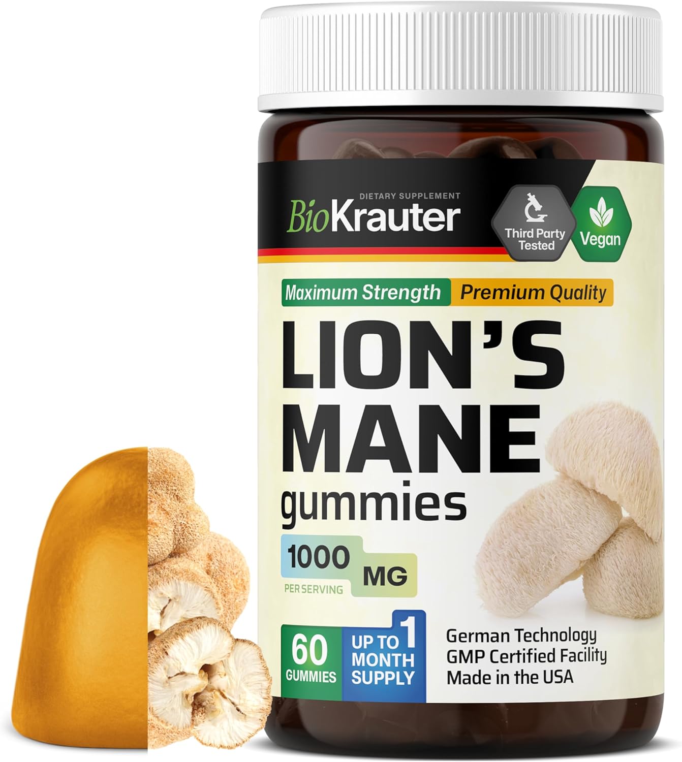 Bio Krauter Lions Mane Gummies For Adults - 1000 Mg Strength - 60 Vegan Mushroom Supplement Chews - Lions Mane Supplement For Brain - Gelatine-Free