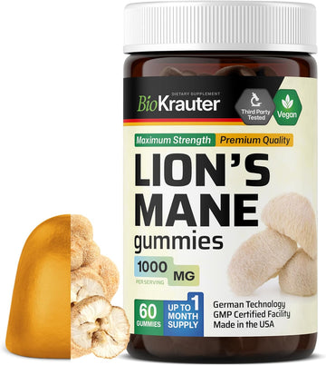Bio Krauter Lions Mane Gummies For Adults - 1000 Mg Strength - 60 Vegan Mushroom Supplement Chews - Lions Mane Supplement For Brain - Gelatine-Free