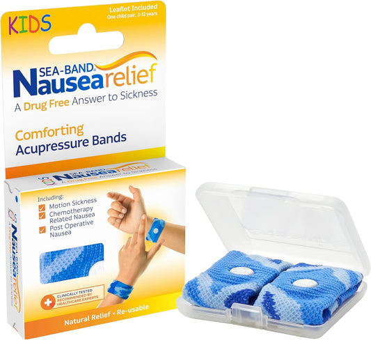 Sea-Band Travel & Motion Sickness And Nausea Relief, Sugar Free Ginger Lozenges And Kids Acupressure Wristband Bundle, (1 X Pack Of Ginger Lozenges, 24 Capsules, 1 X Pair Of Kids Blue)