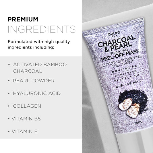Azure Cosmetics Charcoal & Pearl Sparkling Peel-Off Mask - Korean Skincare For Anti-Aging, Dirt & Oil Control With Hyaluronic Acid & Collagen - Moisturizing & Purifying Face Mask - 150 Ml