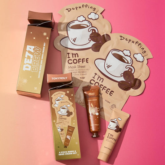 Tonymoly Deja Brew | 4 Pc K-Beauty Coffee Skincare Cracker Gift Set, 2 Sheet Masks, Wash Off Mask, Hand Cream