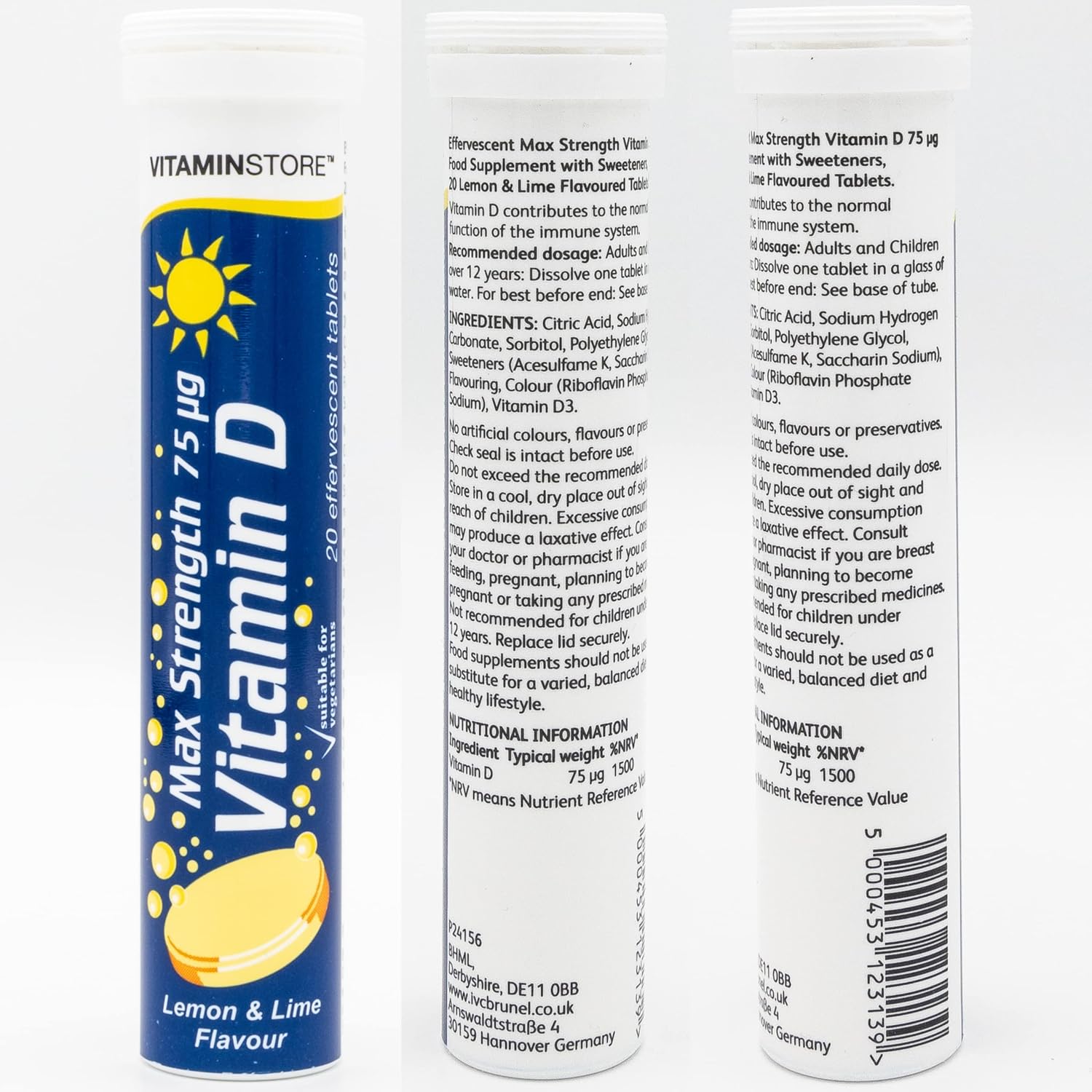 Vitamin Store Vitamin D Effervescent Tablets, 3 Packs Of 20 High Strength Vitamin D Supplement - Max Strength 75Ug - Lemon & Lime Flavoured Vegan Tablets To Support Bone Health & Healthy Immune System