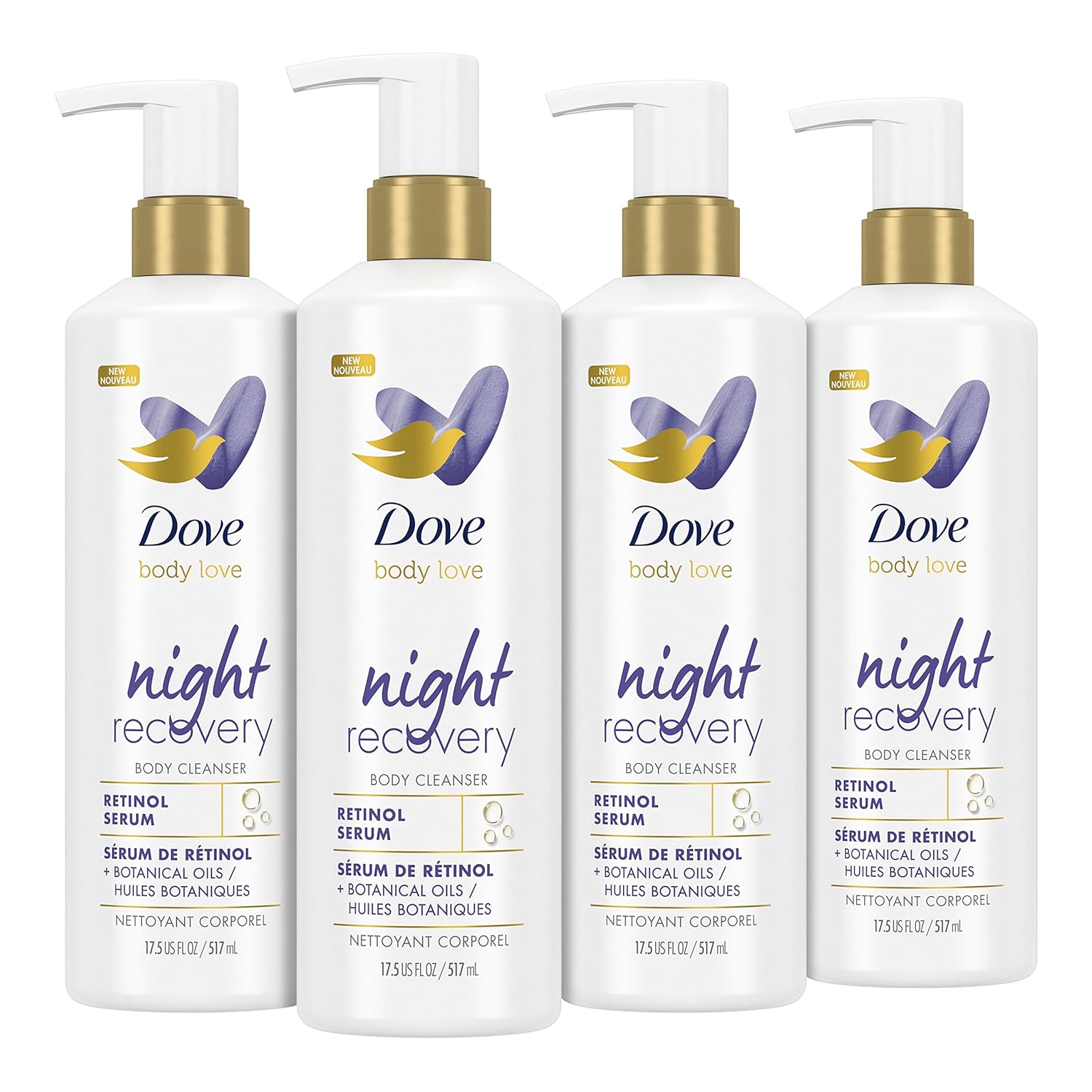 Dove Body Love Body Cleanser Night Recovery 4 Count For Dry And Worn Down Skin Body Wash With Retinol Serum And Botanical Oils 17.5 Oz