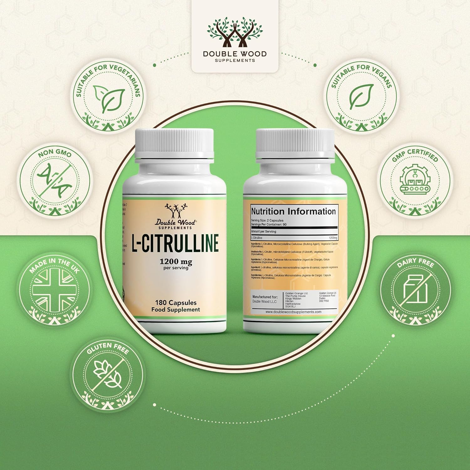 Double Wood L Citrulline | 180 L-Citrulline Capsules - 1200mg L Citrulline per Serving | 90 Servings | Nitric Oxide Supplement | Promotes Cardiovascular and Muscle Health | Non-GMO | UK Manufactured : Amazon.co.uk: Health & Personal Care