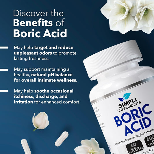 60 Boric Acid Suppositories For Women | Bv Treatment For Women | Ph Balance Pills | Vaginal Care | Bacterial Vaginosis Treatment Boric Acid For Women (600Mg)