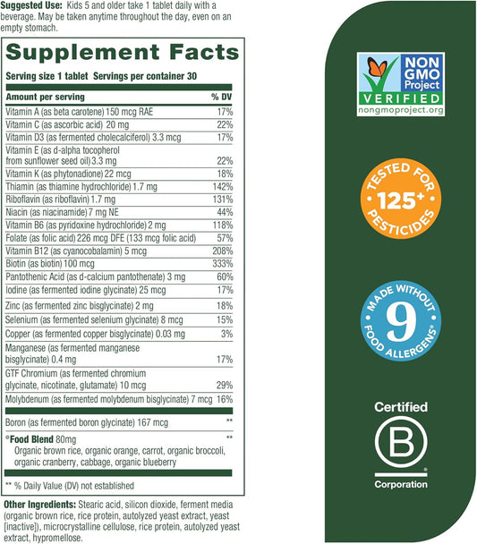 Megafood Kids One Daily - Kids Vitamins - With Vitamin B, Vitamin C, Vitamin D & Zinc - Bone Health & Immune Support Supplement - Non-Gmo, Vegetarian, Made Without 9 Food Allergens - 30 Mini Tabs