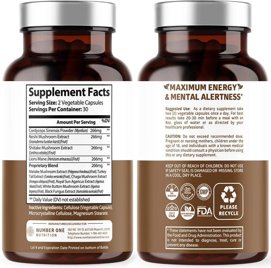 N1N Premium Mushroom Complex [10X Powerful Mushrooms] with Reishi, Lions Mane, Cordyceps, Chaga, Turkey Tail and Maitake to Support Health, Brain Functions and Energy Levels, 60 Veg Caps