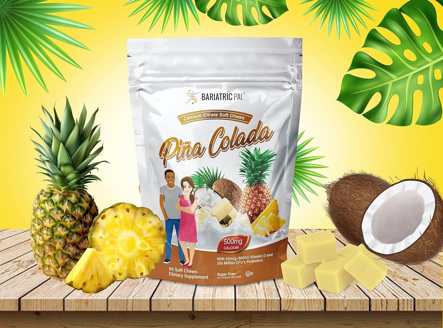 BariatricPal Sugar-Free Calcium Citrate Soft Chews 500mg with Probiotics (90 Count) - Piña Colada : Health & Household