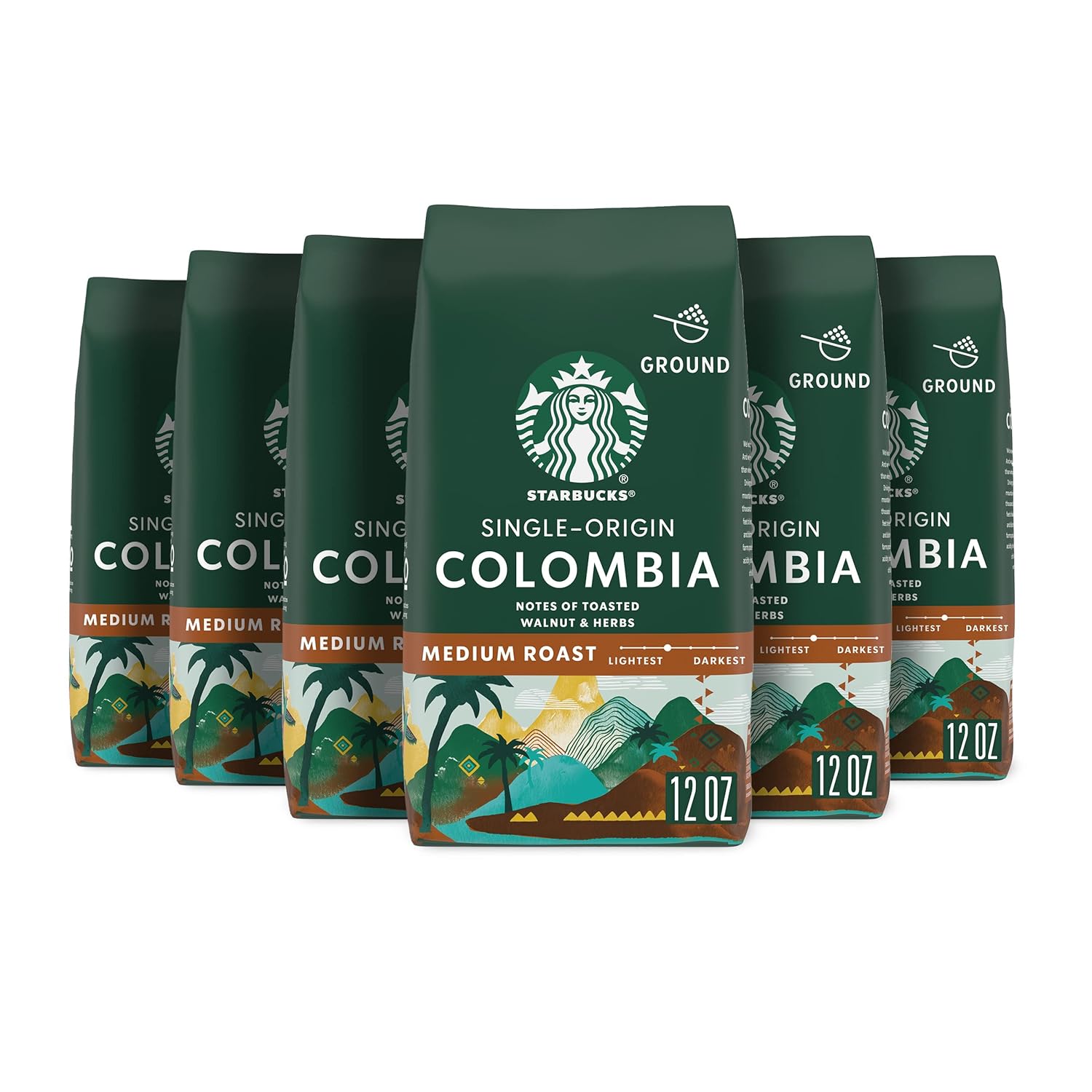 Starbucks Ground Coffee, Medium Roast Coffee, Colombia, 100% Arabica, 6 Bags (12 Oz Each)
