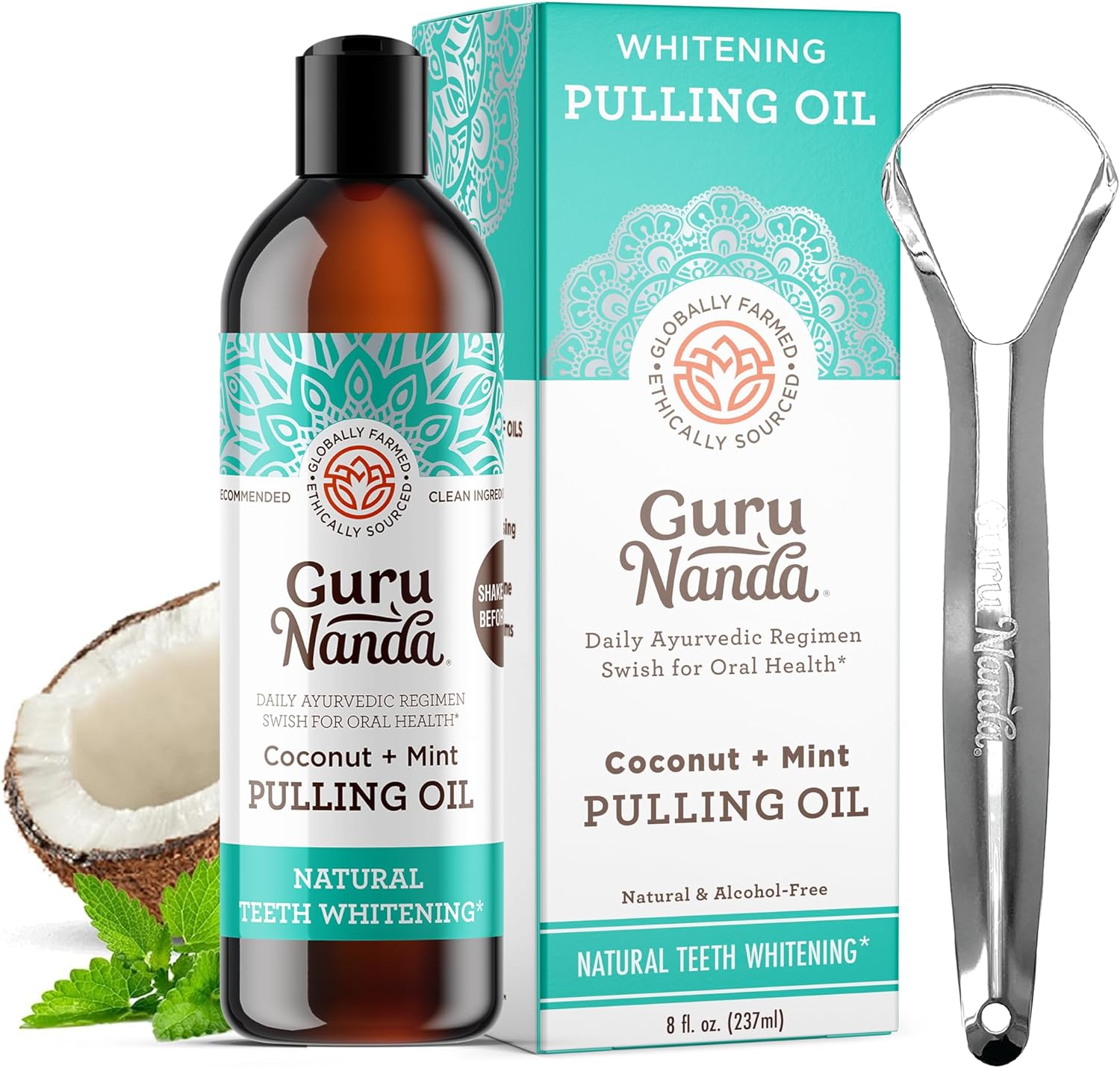 Gurunanda Coconut & Peppermint Oil Pulling (8 Fl.Oz) With Tongue Scraper - Alcohol Free Mouthwash For Fresh Breath, White Teeth & Healthy Teeth & Gums