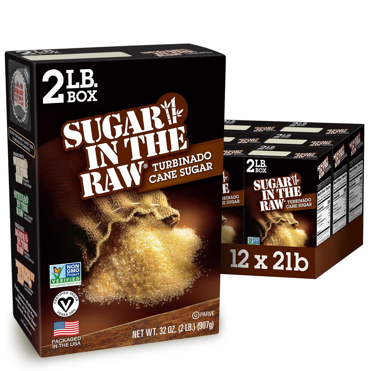 Sugar In The Raw Granulated Turbinado Cane Sugar, No Erythritol, Pure Natural Sweetener, Hot & Cold Drinks, Coffee, Cooking, Baking, Vegan, Gluten-Free, Non-Gmo, Bulk Sugar, 2 Pound (Pack Of 12)