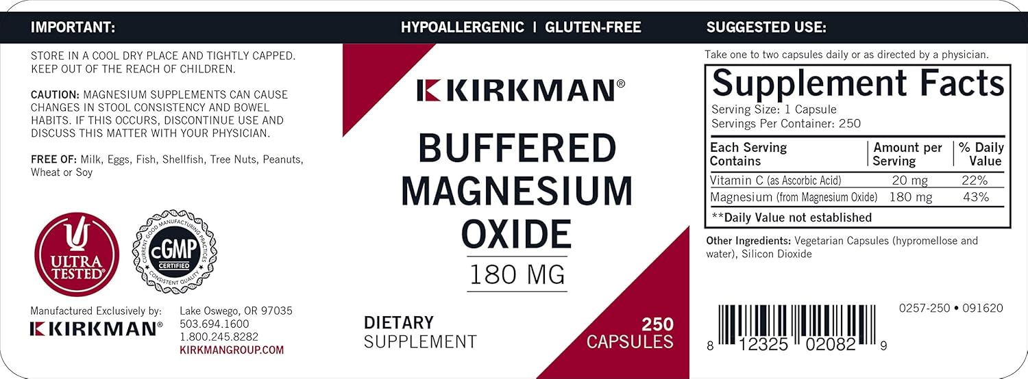 Buffered Magnesium Oxide, 180 mg, 250 Capsules, Kirkman Labs : Health & Household