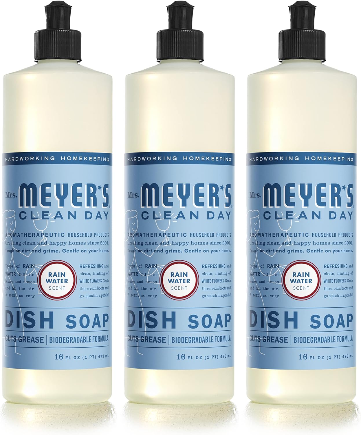 MRS. MEYER'S CLEAN DAY Liquid Dish Soap, Biodegradable Formula, Rain Water, 16 fl. oz - Pack of 3